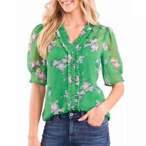 Cece Ruffled Floral Jolly Green Button Up V Neck Blouse